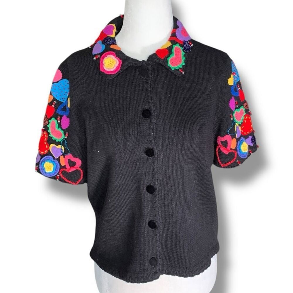 Vintage 90s Michael Simon Cropped Cardigan Bright Pink Knit Black Heart Pattern - Image 3